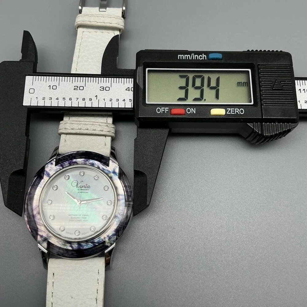 Vania Womens Watch 39mm White Mother Of Pearl Swarovski Dial Leather New Battery
